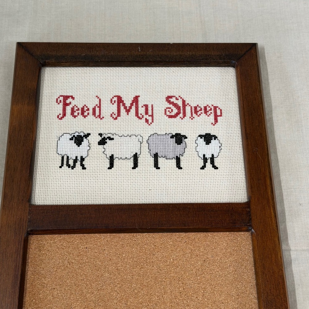Vintage Feed My Sheep Memo Board Cork Board Wall Organizer Framed Cross Stitch - Picture 3 of 10